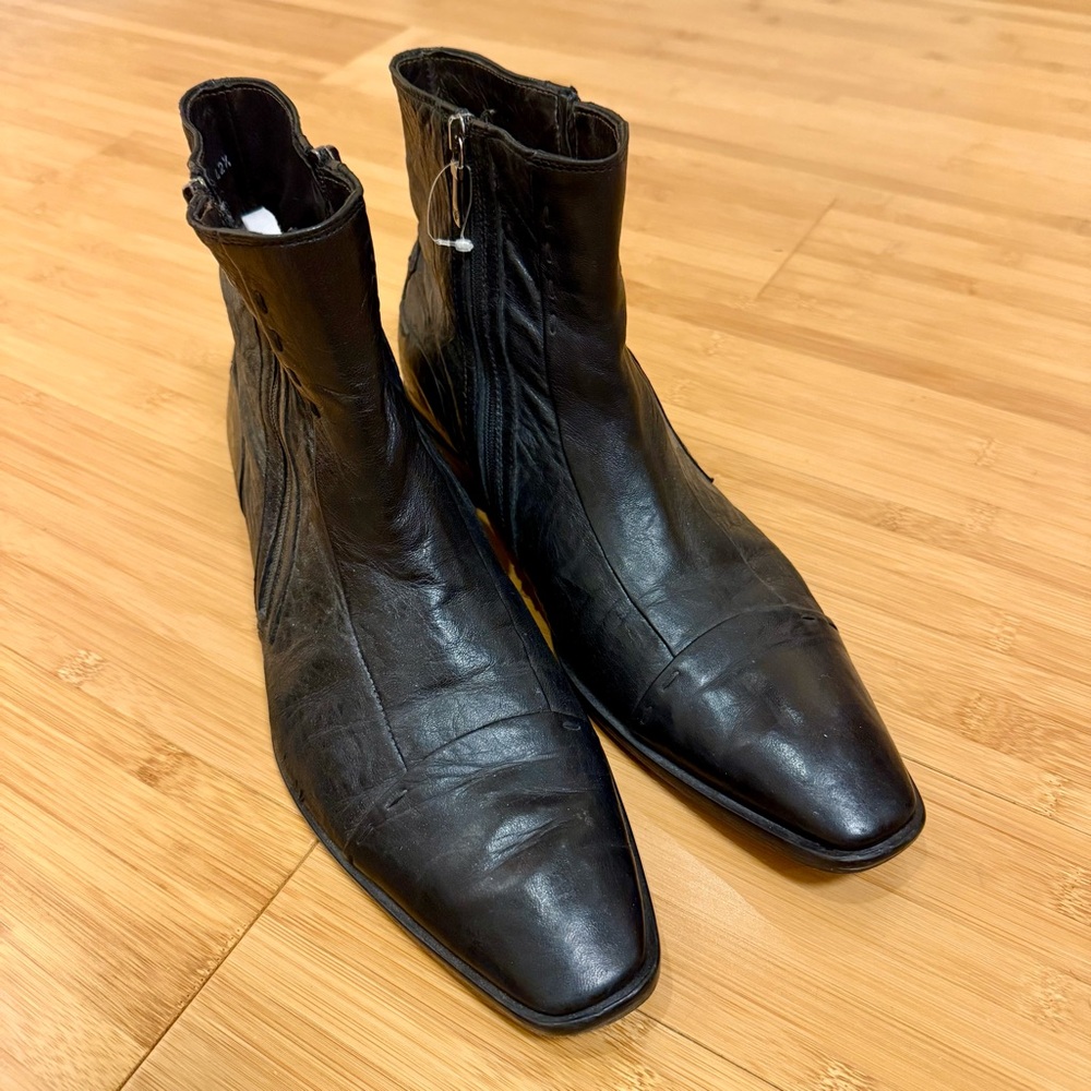 Men's Round Toe Black Ankle Leather Boots Sz 42.5